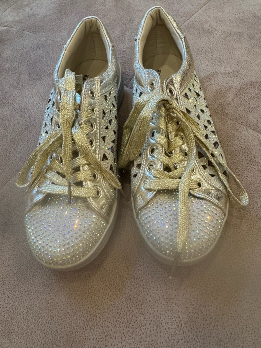 Glitter Crystal Lace-Up Women's Sneakers in Gold